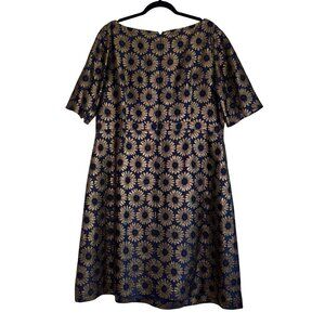 Boden Beatrice Navy Blue and Gold Floral Brocade Short Sleeve A Line Dress